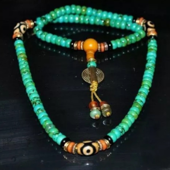 Tibetan turquoise Dzi Eye Meditation mala - Picture 2 of 6